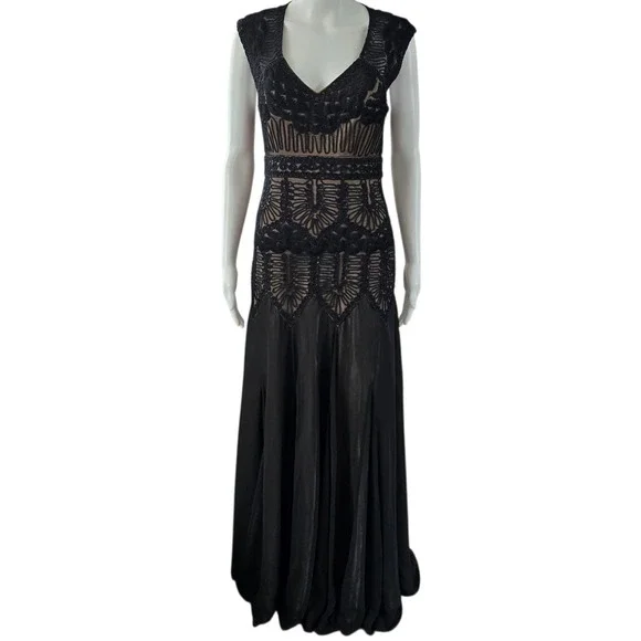 Sue Wong Nocturne Black Lace Beaded V Neck Cap Sleeve Maxi Dress Size 6